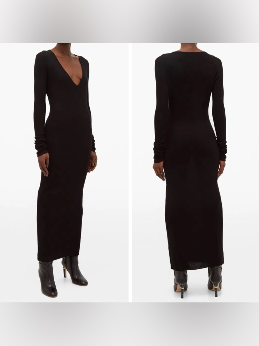Raey Deep-V Fine-Rib Cashmere Dress in Black size S